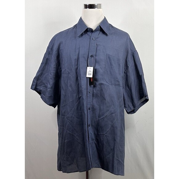 NWT Linea Uomo 4X Linen Blend Shirt Indigo Chambray Blue Gray Short Sleeve - Picture 2 of 5